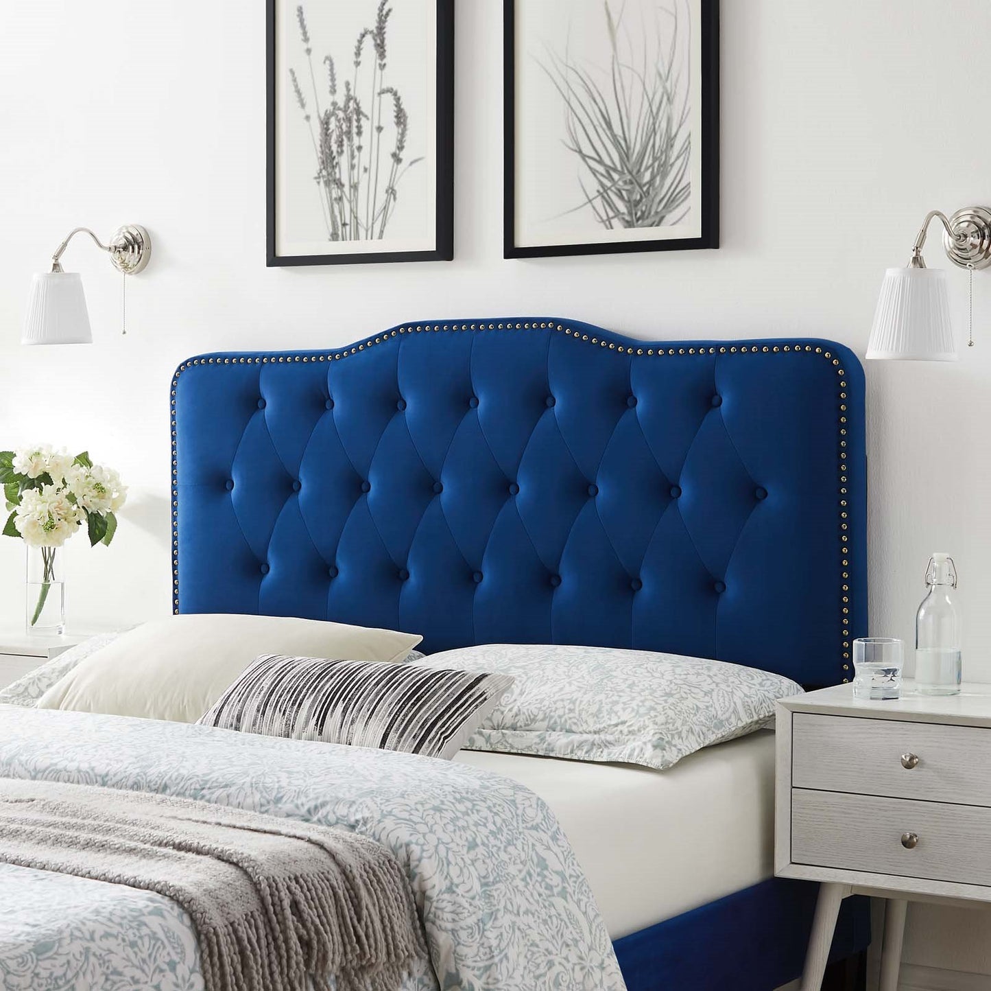 Sophia Tufted Performance Velvet Full/Queen Headboard, Velvet, Blue Navy, 22275