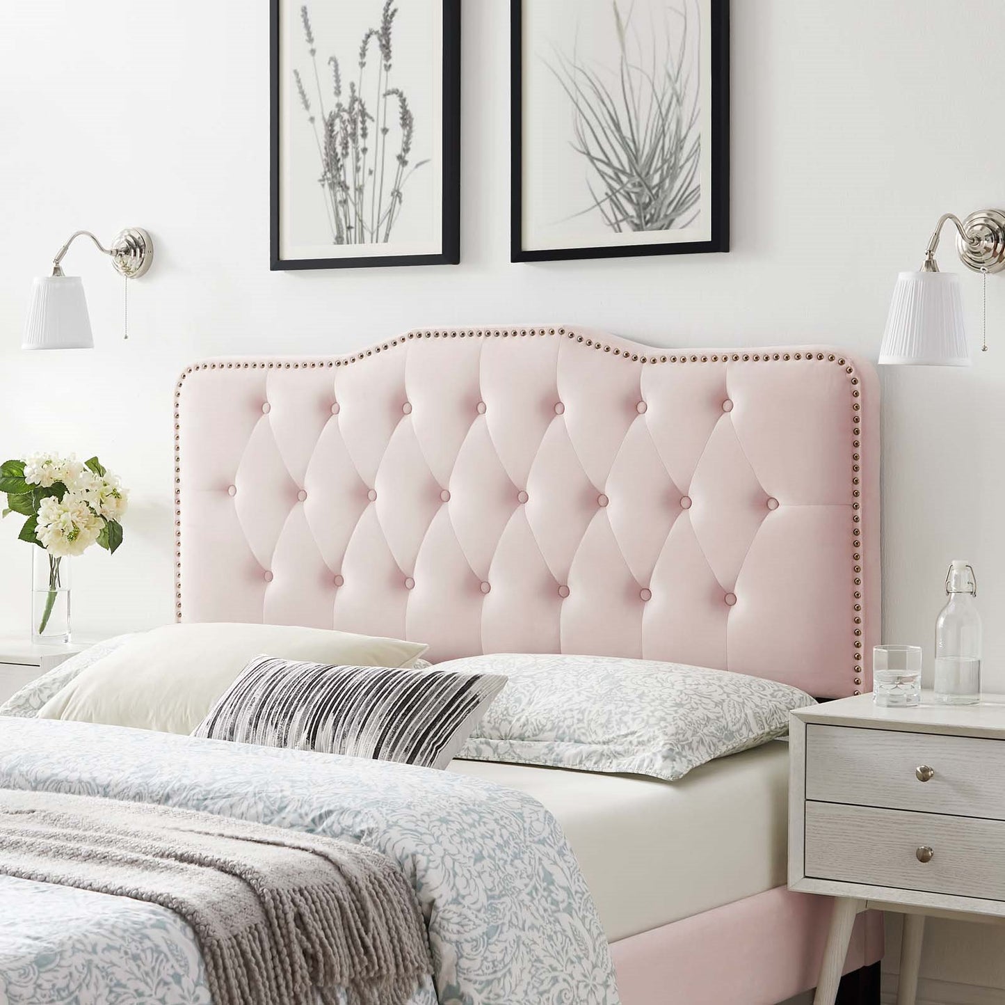 Sophia Tufted Performance Velvet Full/Queen Headboard, Velvet, Pink, 22276