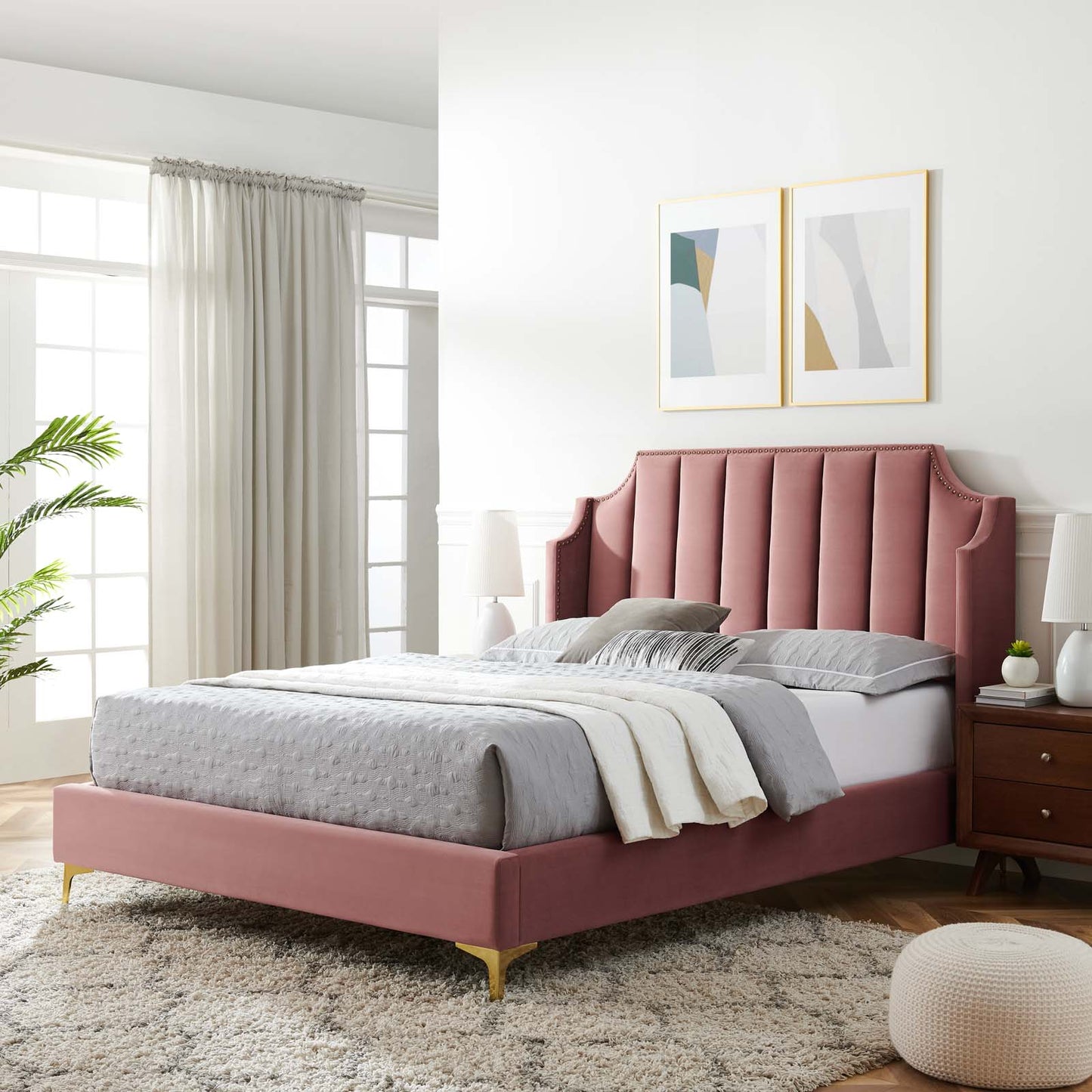 Daniella Performance Velvet Queen Platform Bed, Velvet, Pink, 22287