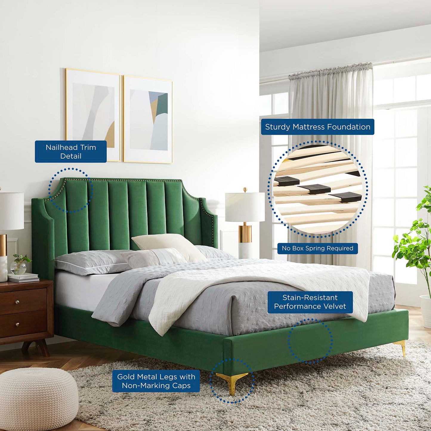 Daniella Performance Velvet Queen Platform Bed, Velvet, Green, 22288