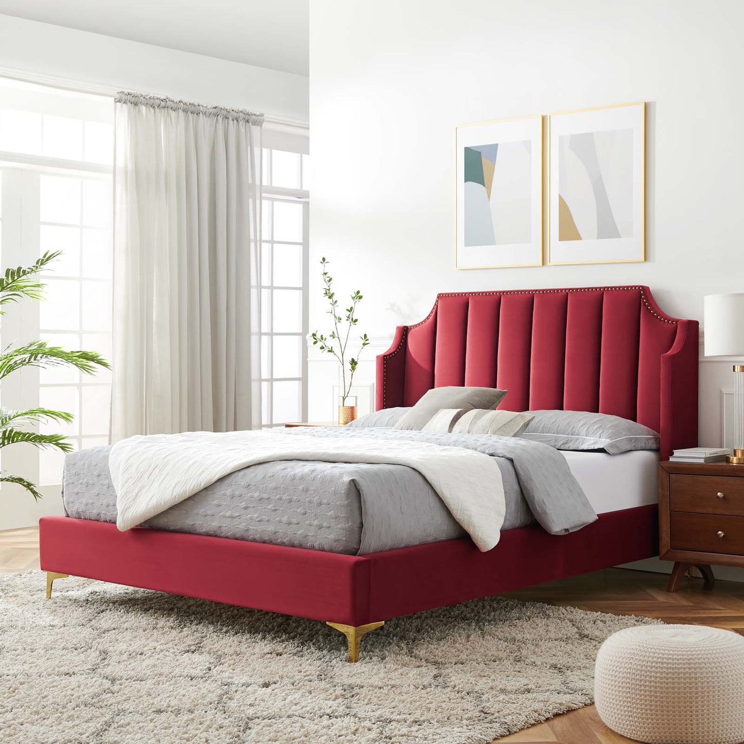 Daniella Performance Velvet Queen Platform Bed, Velvet, Red, 22290