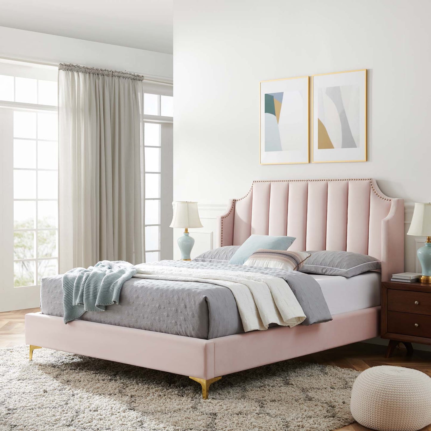 Daniella Performance Velvet Queen Platform Bed, Velvet, Pink, 22292
