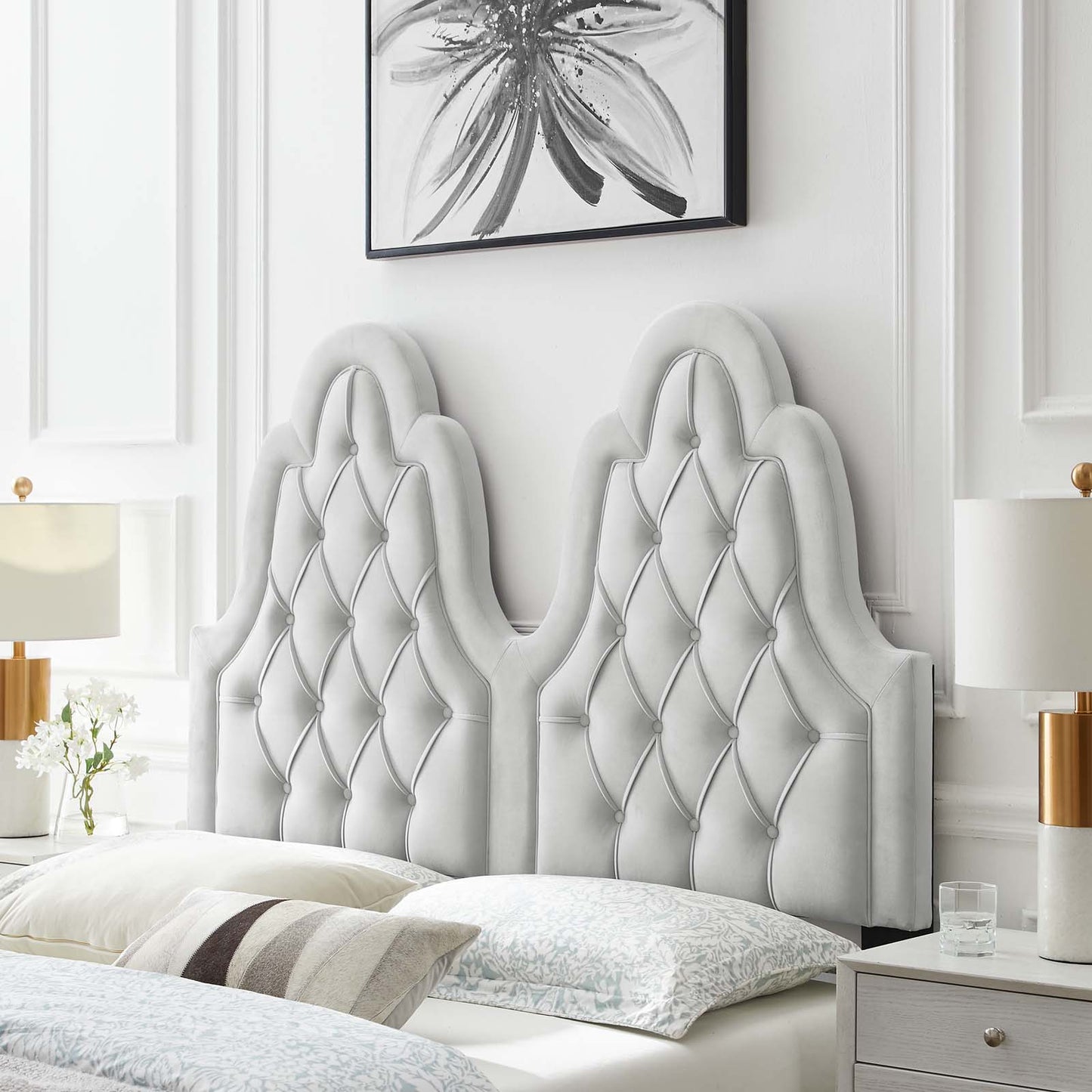 Augustine Tufted Performance Velvet Twin Headboard, Velvet, Light Grey Gray, 22296