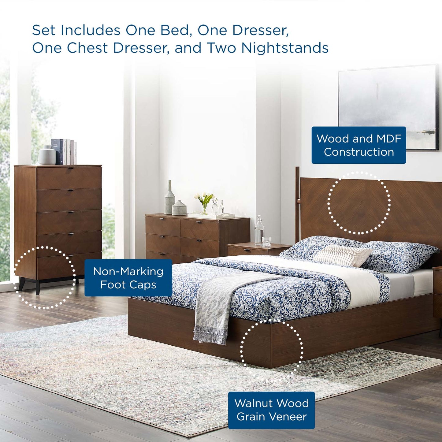 Kali 5-Piece Bedroom Set, Wood, Brown Walnut, 22342