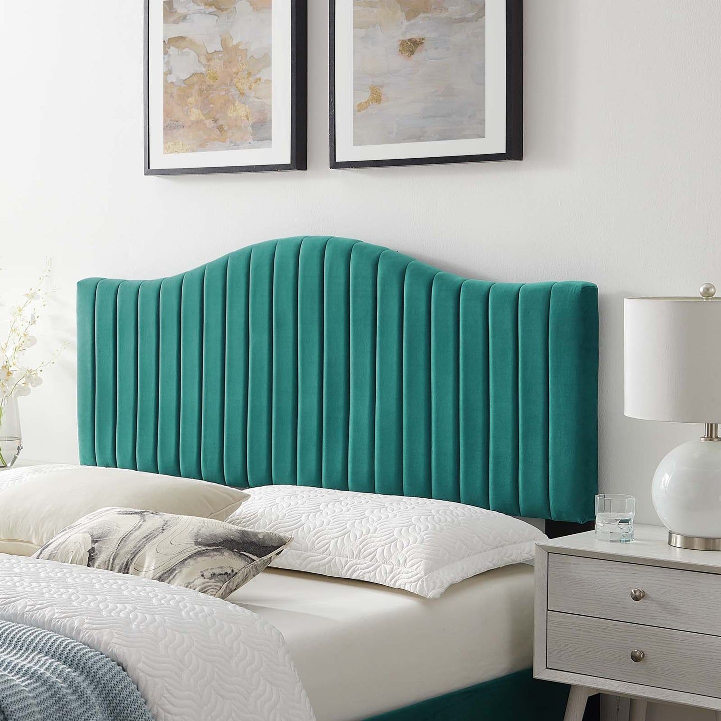 Brielle Channel Tufted Performance Velvet Twin Headboard, Velvet, Teal Blue, 22370
