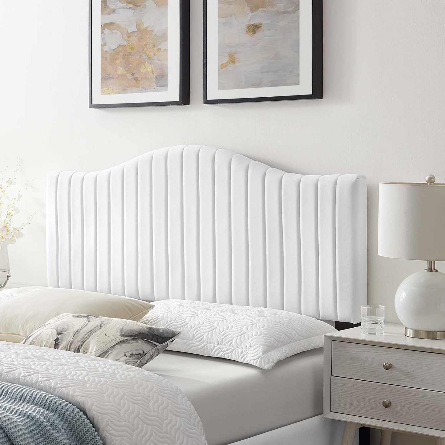 Brielle Channel Tufted Performance Velvet Twin Headboard, Velvet, White, 22371