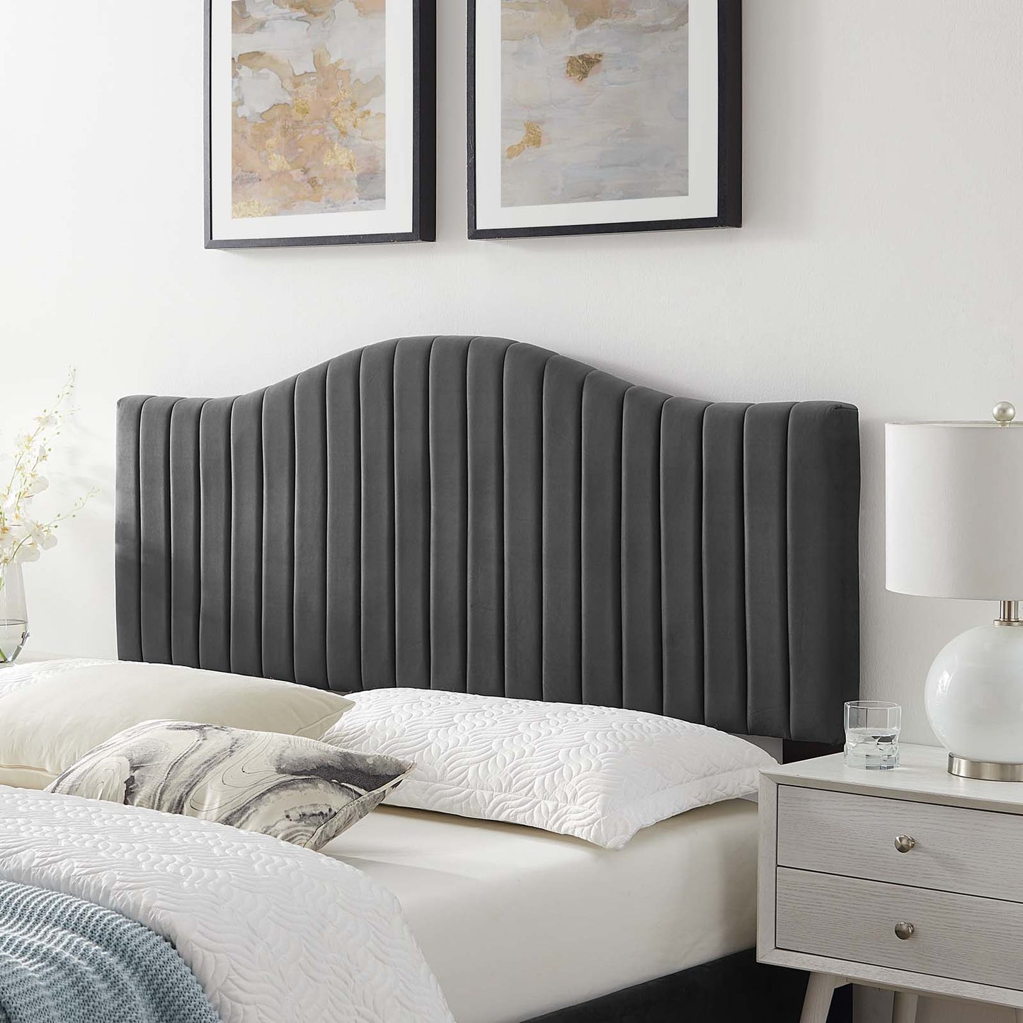Brielle Channel Tufted Performance Velvet King/California King Headboard, Velvet, Dark Grey Gray, 22377