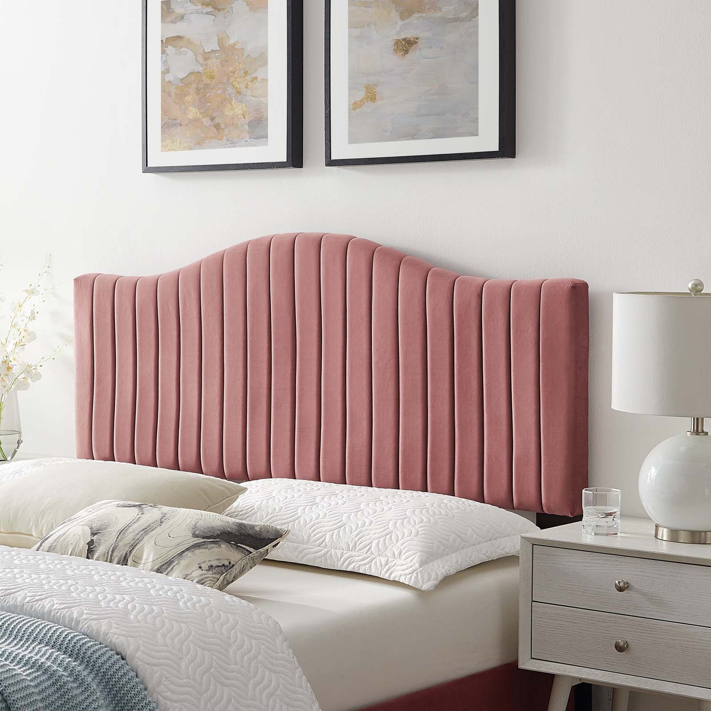 Brielle Channel Tufted Performance Velvet King/California King Headboard, Velvet, Pink, 22378