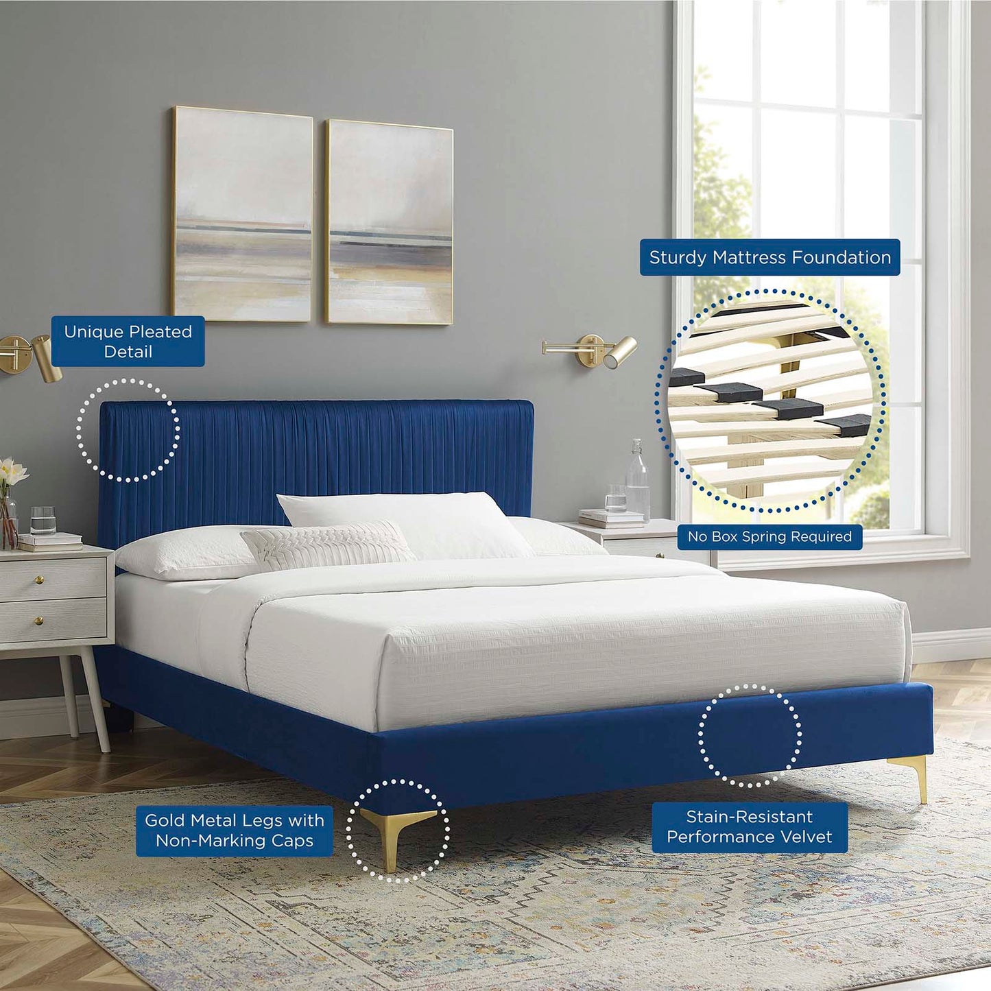 Peyton Performance Velvet Queen Platform Bed, Velvet, Blue Navy, 23166