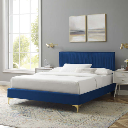 Peyton Performance Velvet Queen Platform Bed, Velvet, Blue Navy, 23166