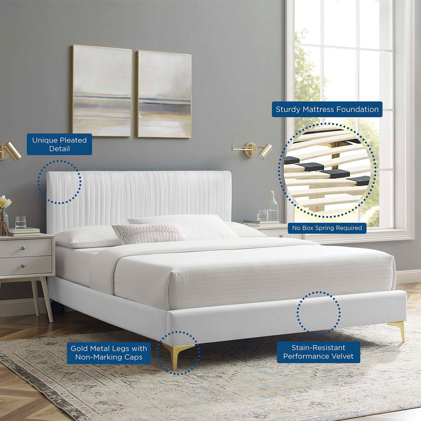 Peyton Performance Velvet Queen Platform Bed, Velvet, White, 23169