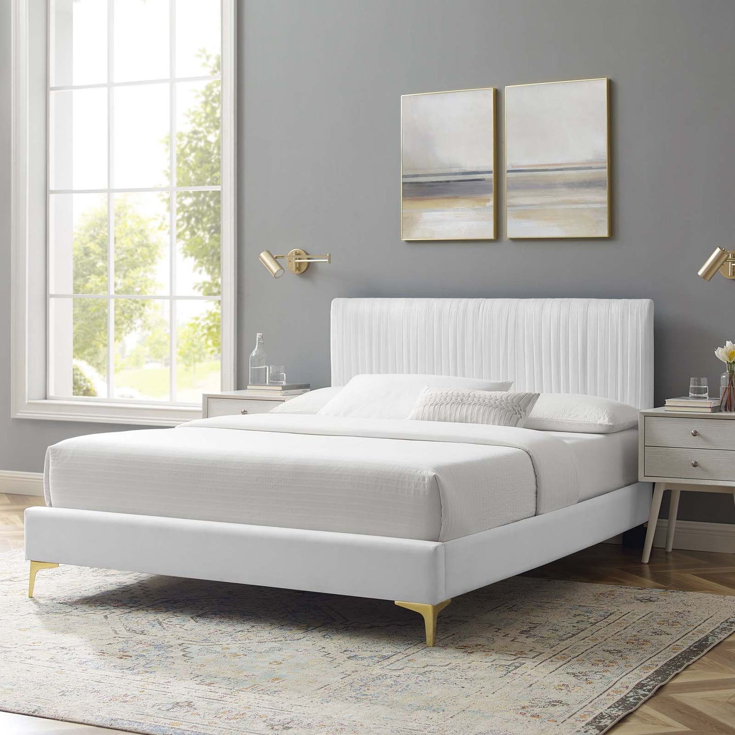 Peyton Performance Velvet Queen Platform Bed, Velvet, White, 23169