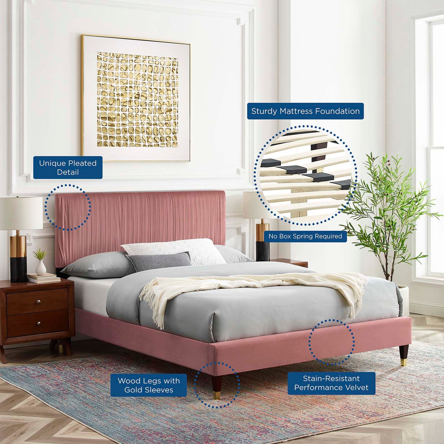 Peyton Performance Velvet Queen Platform Bed, Velvet, Pink, 23171
