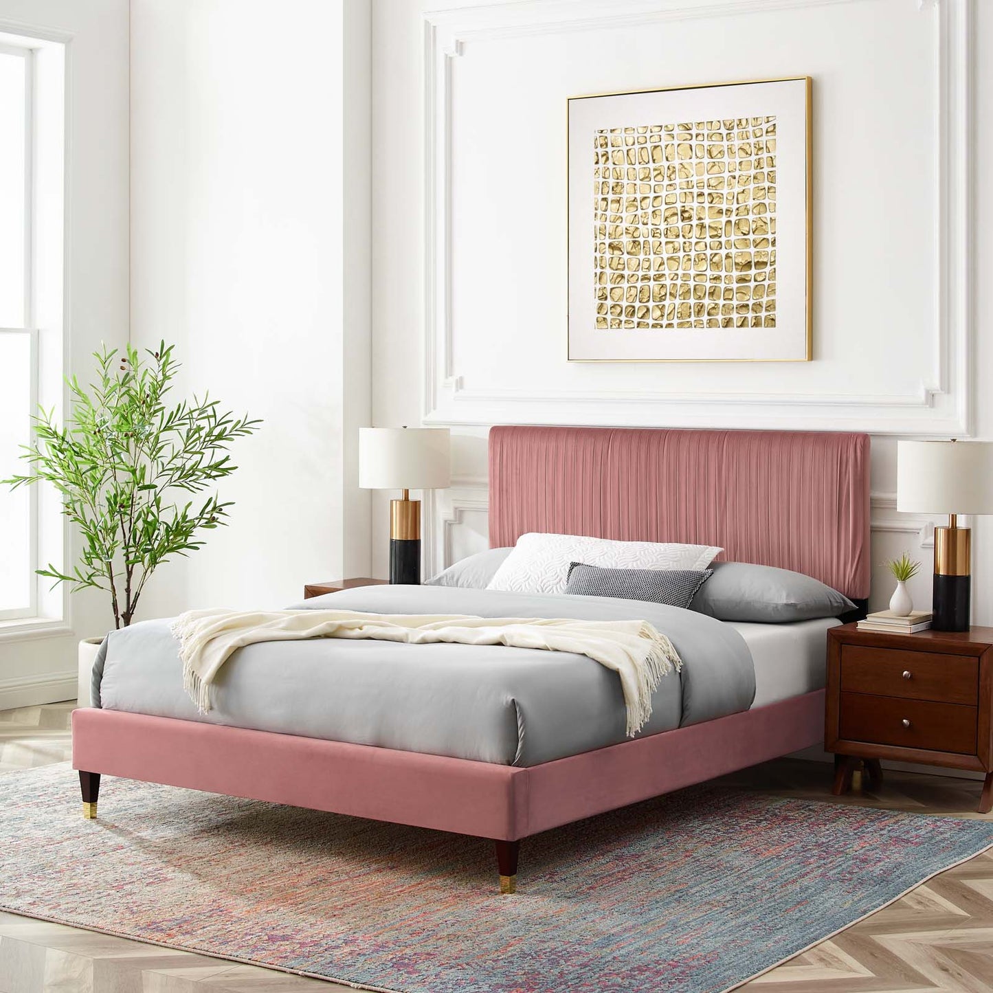 Peyton Performance Velvet Queen Platform Bed, Velvet, Pink, 23171