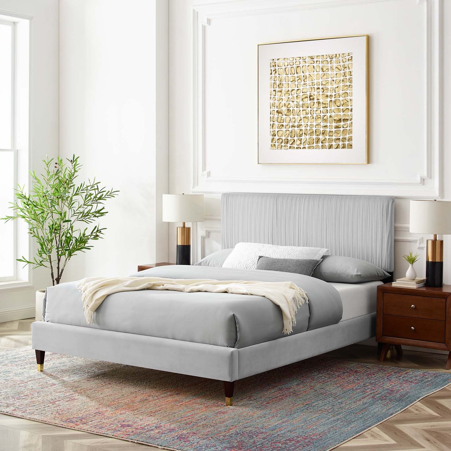Peyton Performance Velvet Queen Platform Bed, Velvet, Light Grey Gray, 23172