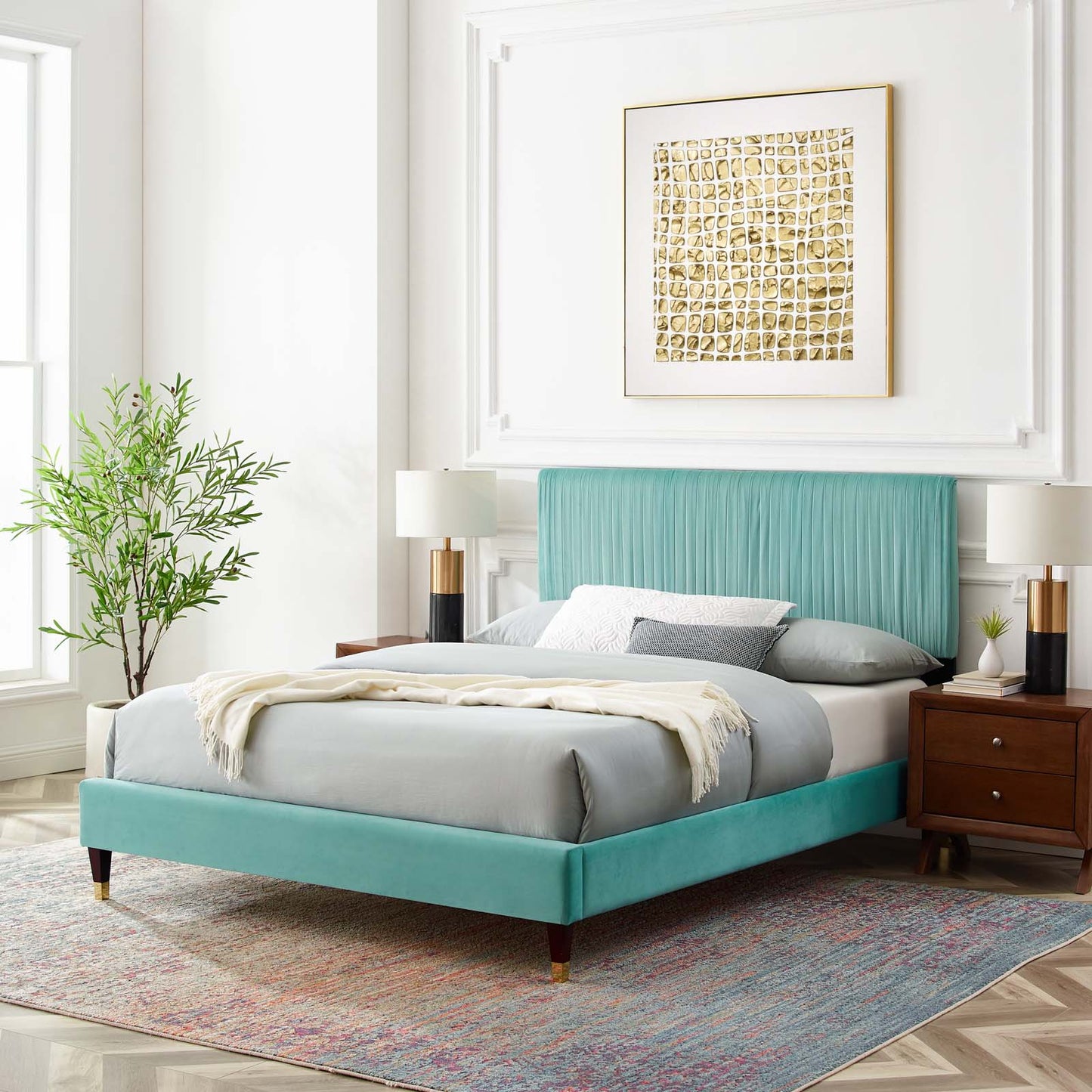 Peyton Performance Velvet Queen Platform Bed, Velvet, Blue, 23173