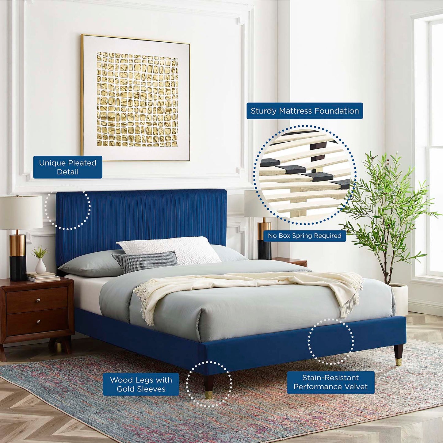 Peyton Performance Velvet Queen Platform Bed, Velvet, Blue Navy, 23174