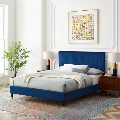 Peyton Performance Velvet Queen Platform Bed, Velvet, Blue Navy, 23174