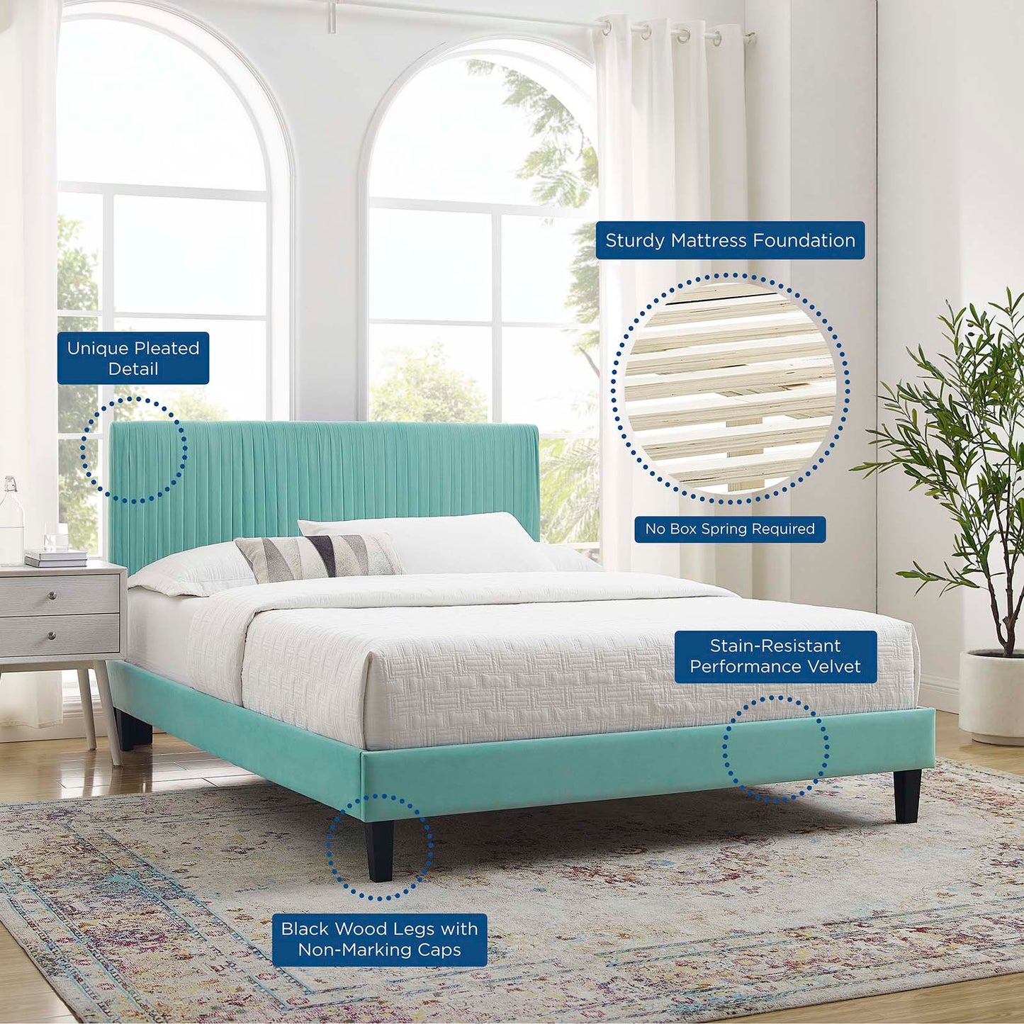 Peyton Performance Velvet Queen Platform Bed, Velvet, Blue, 23181