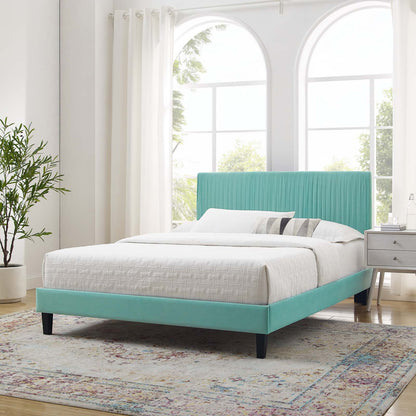 Peyton Performance Velvet Queen Platform Bed, Velvet, Blue, 23181