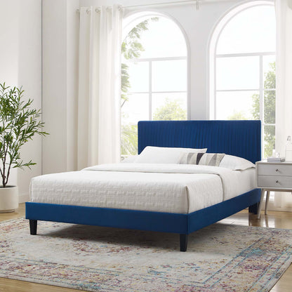 Peyton Performance Velvet Queen Platform Bed, Velvet, Blue Navy, 23182