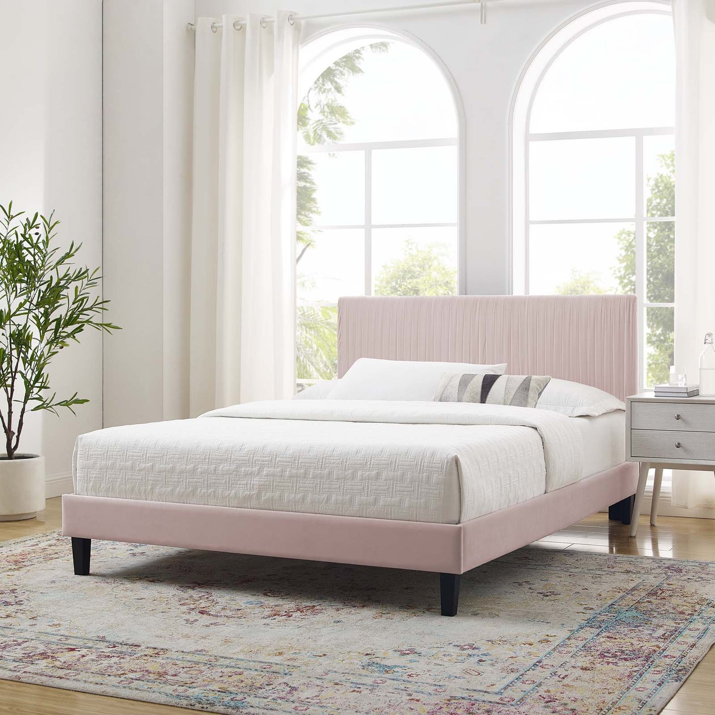 Peyton Performance Velvet Queen Platform Bed, Velvet, Pink, 23183