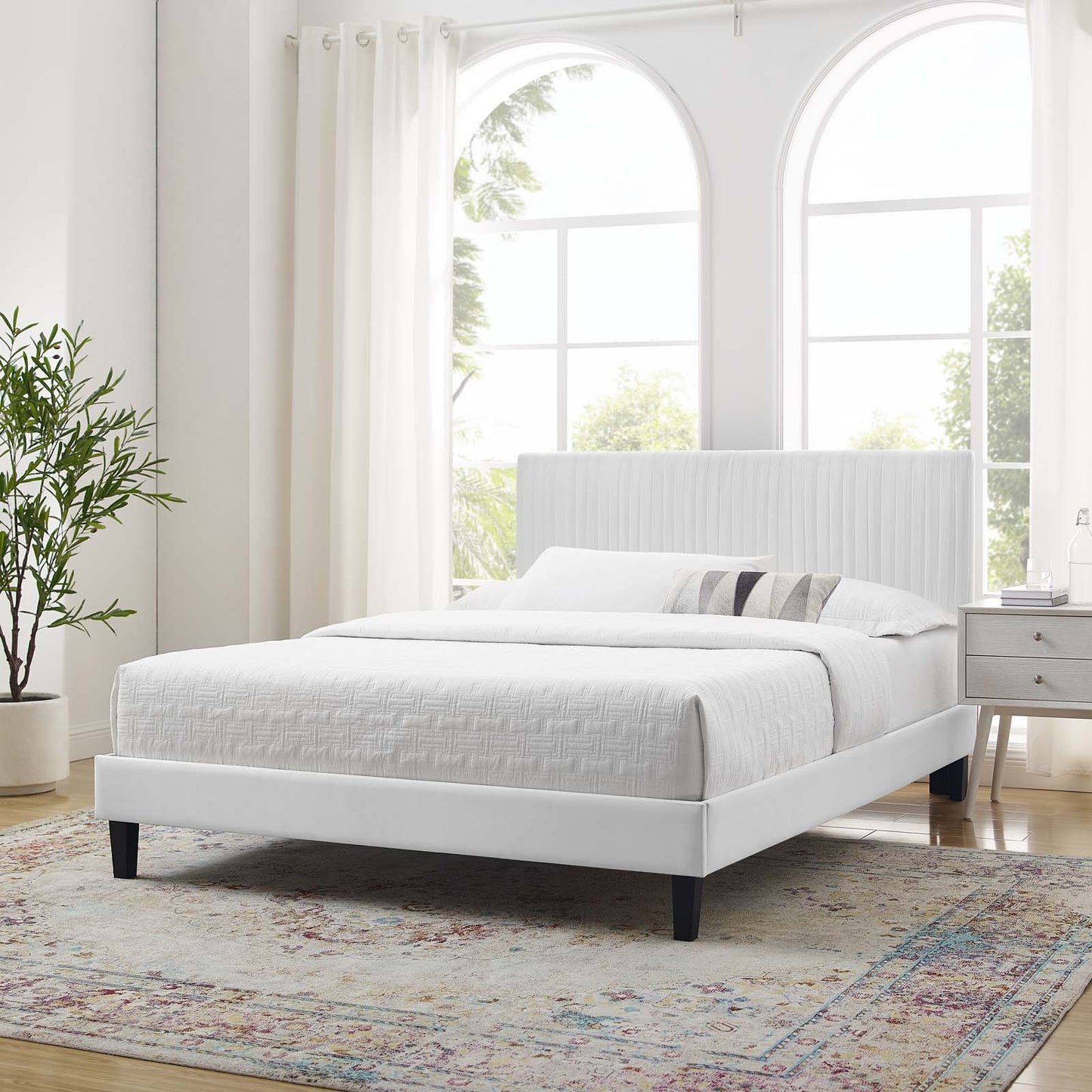 Peyton Performance Velvet Queen Platform Bed, Velvet, White, 23185