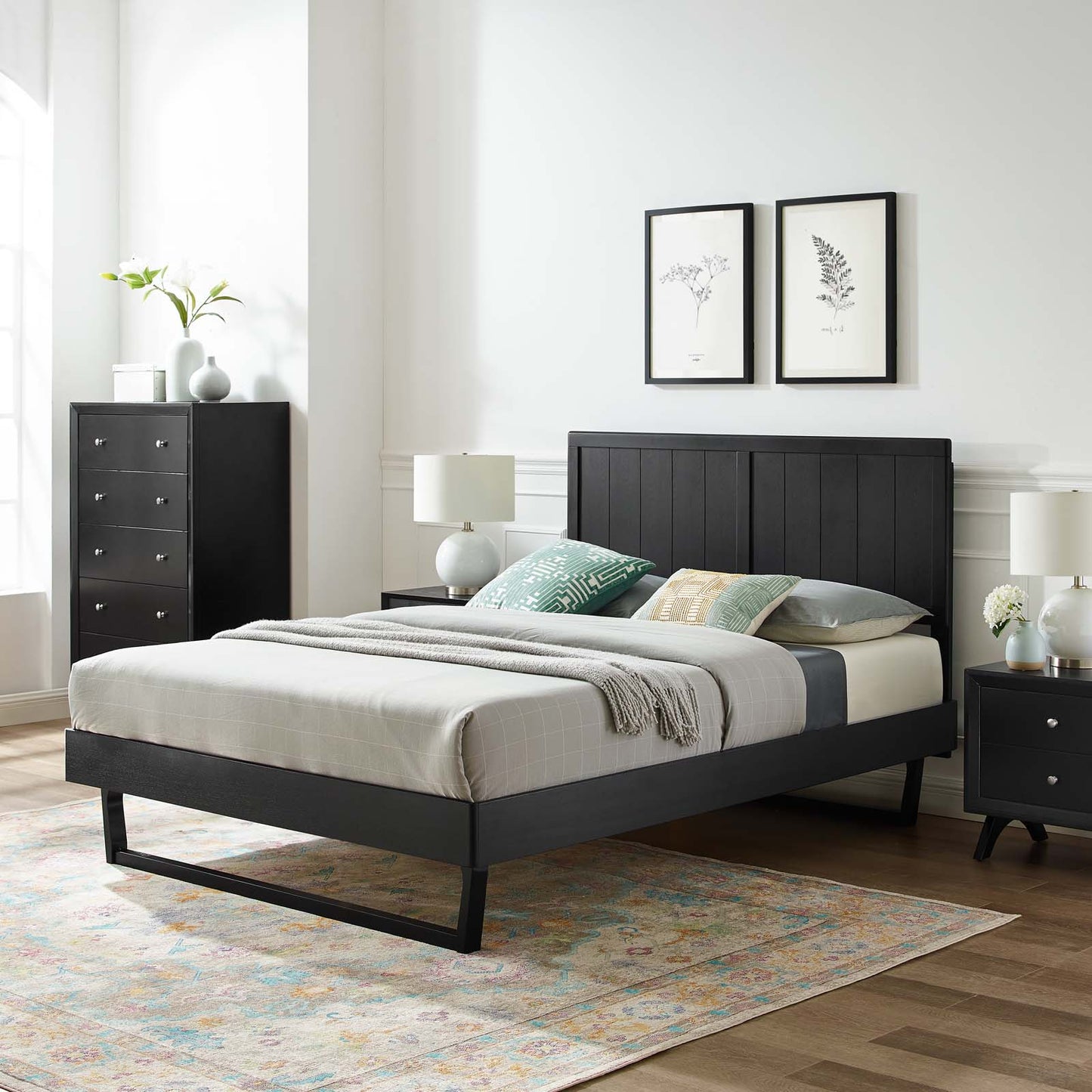 Alana King Wood Platform Bed With Angular Frame, Wood, Black, 22398