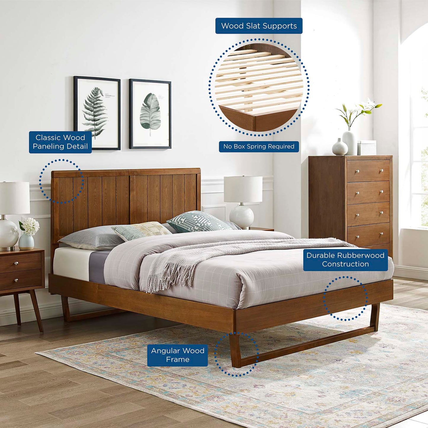 Alana King Wood Platform Bed With Angular Frame, Wood, Brown Walnut, 22400