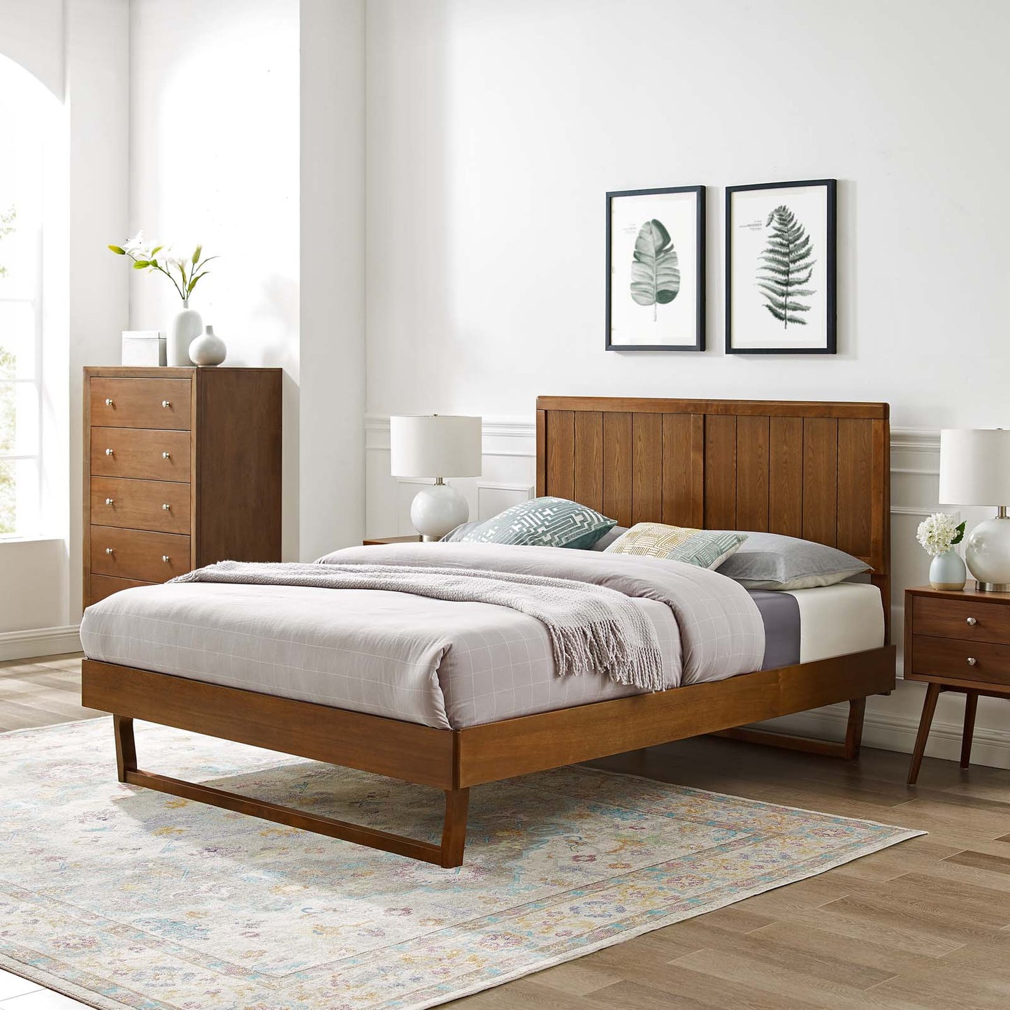 Alana King Wood Platform Bed With Angular Frame, Wood, Brown Walnut, 22400
