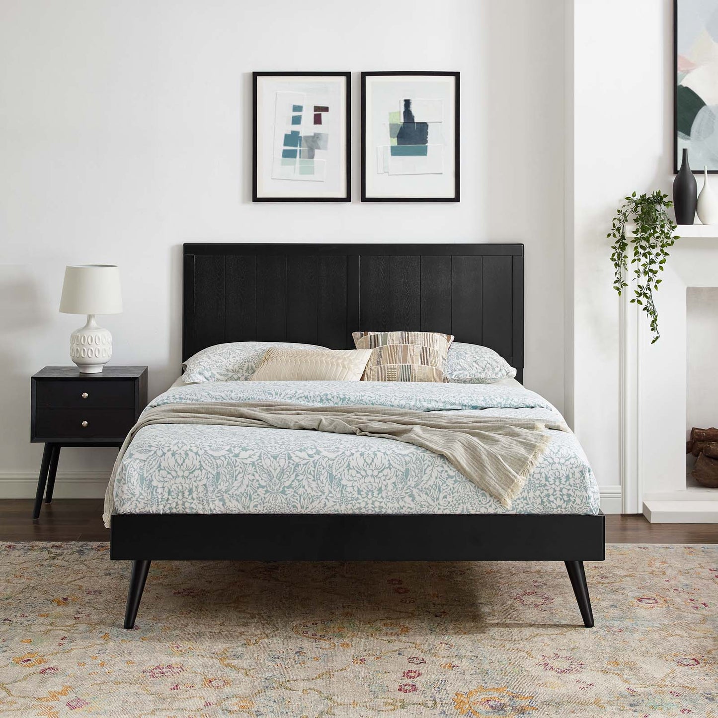 Alana Full Wood Platform Bed With Splayed Legs, Wood, Black, 22404