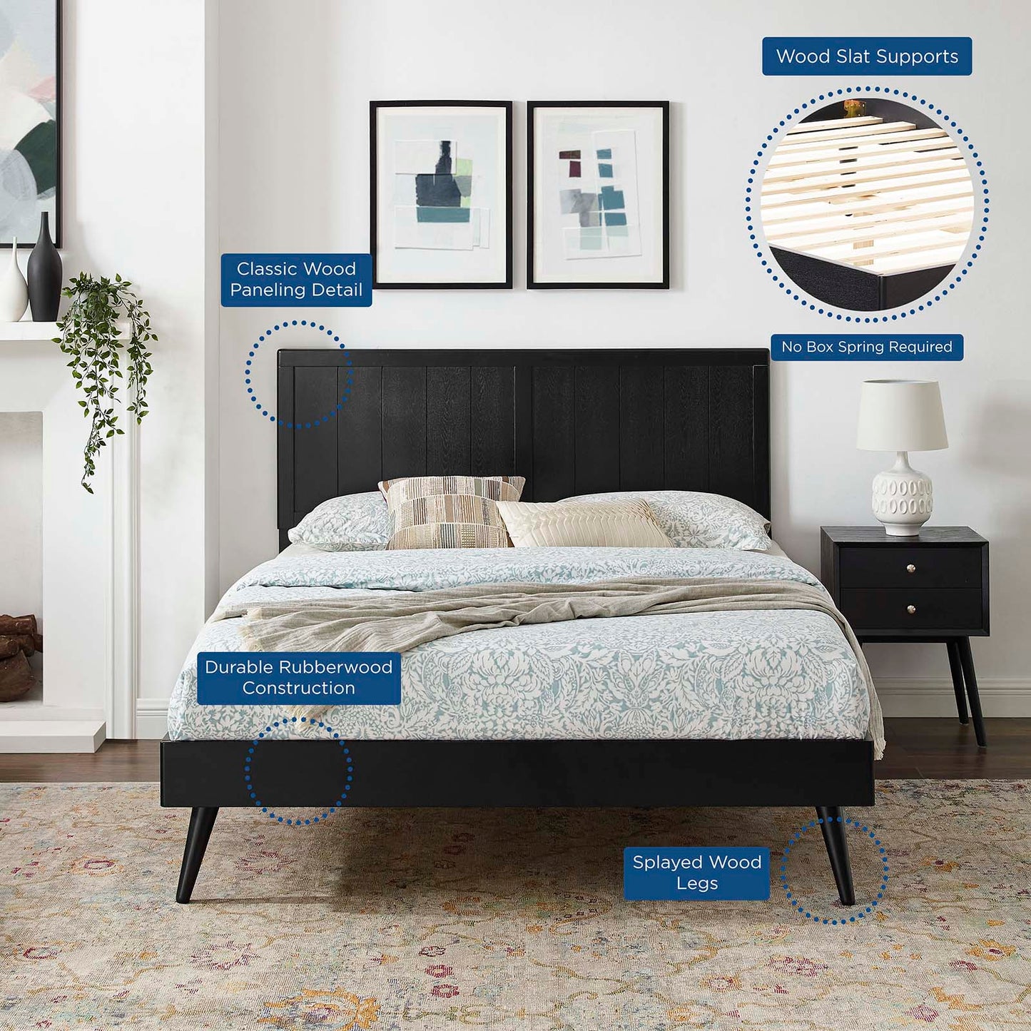 Alana Twin Wood Platform Bed With Splayed Legs, Wood, Black, 22410