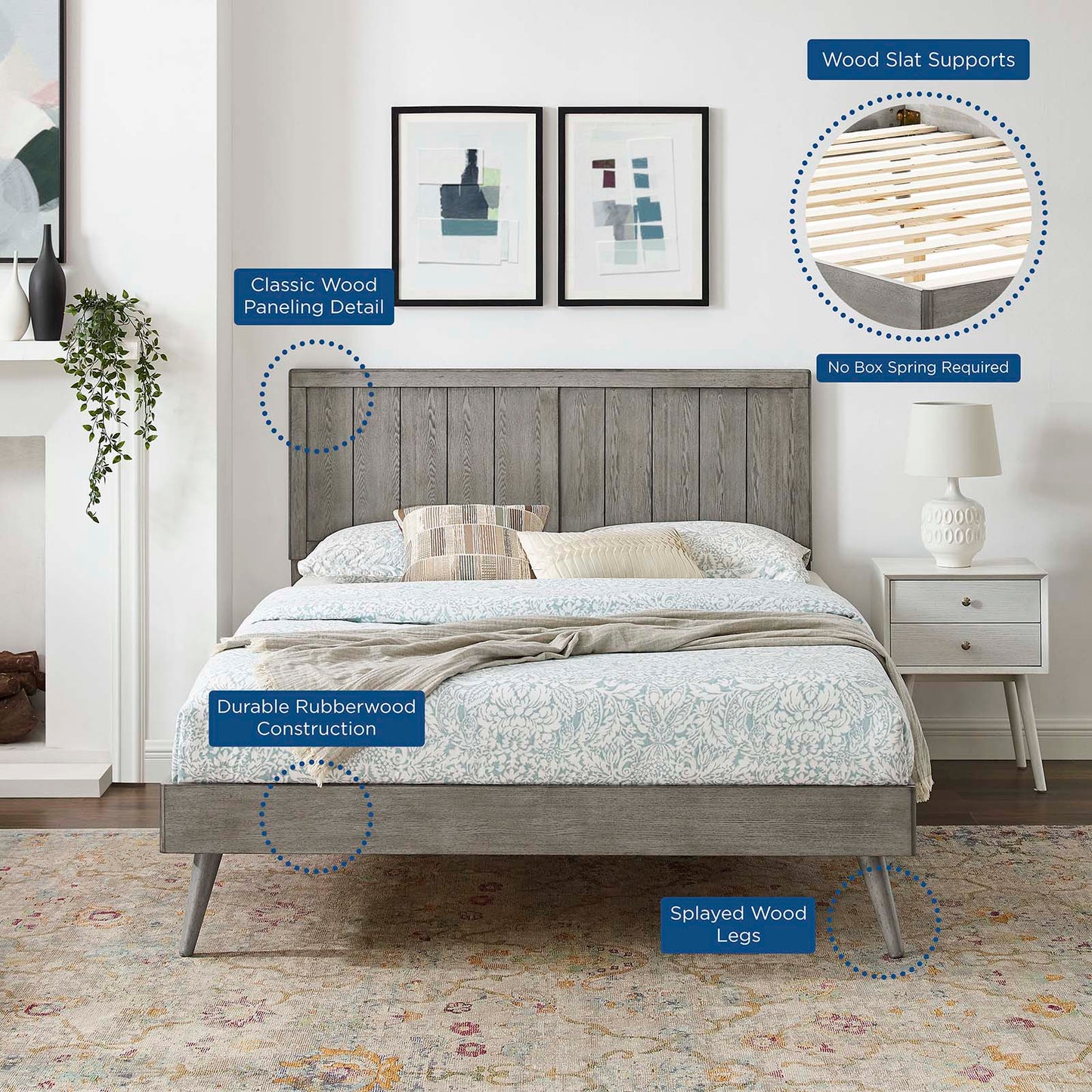 Alana Twin Wood Platform Bed With Splayed Legs, Wood, Grey Gray, 22411
