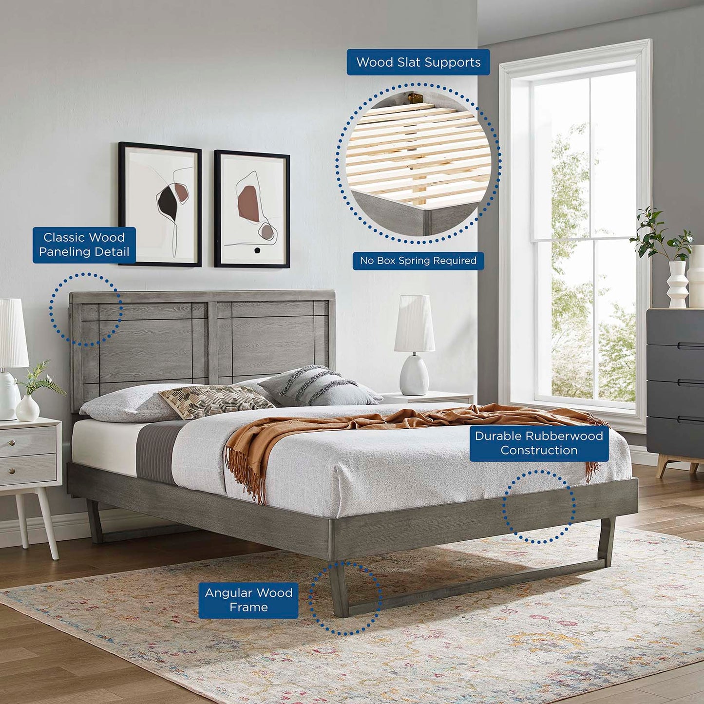 Marlee King Wood Platform Bed With Angular Frame, Wood, Grey Gray, 22417