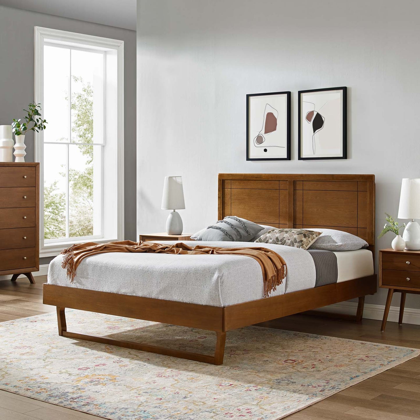 Marlee King Wood Platform Bed With Angular Frame, Wood, Brown Walnut, 22418