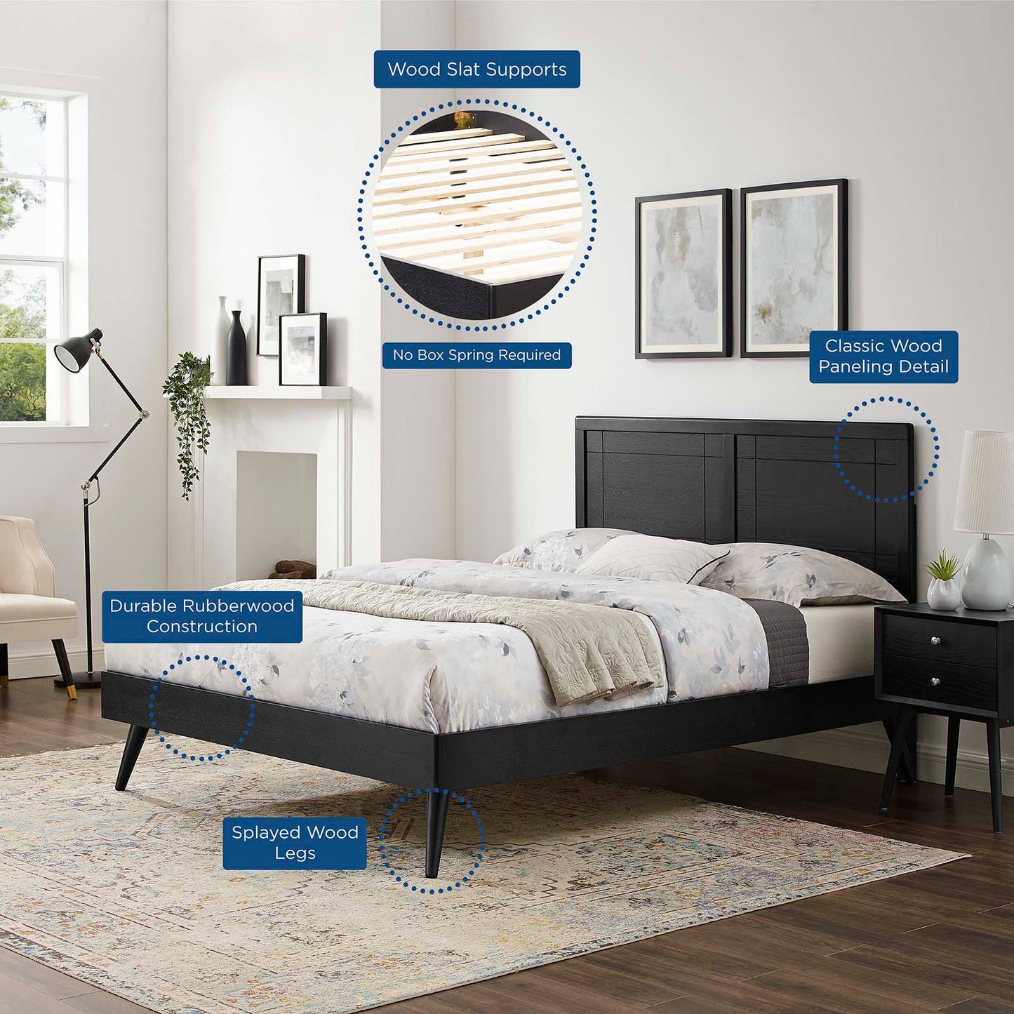 Marlee King Wood Platform Bed With Splayed Legs, Wood, Black, 22425
