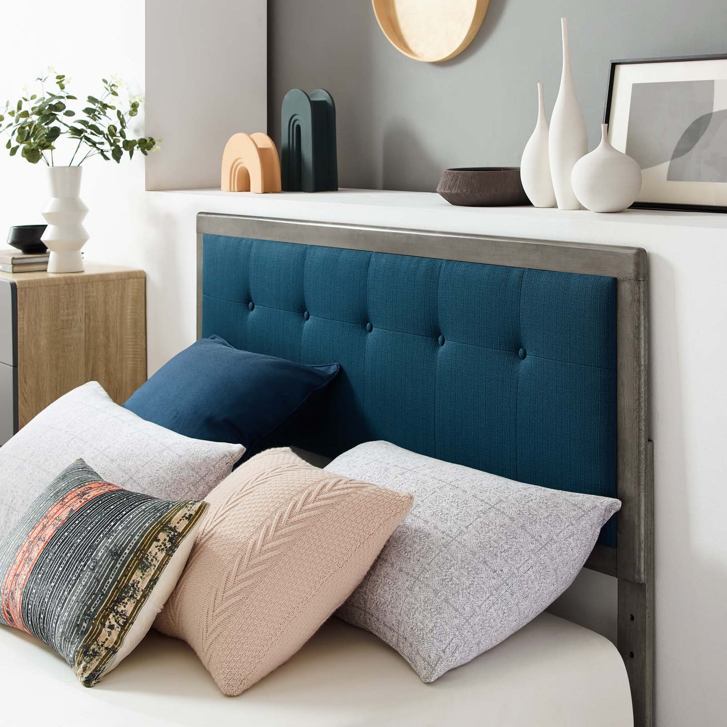 Willow Full Wood Platform Bed With Angular Frame, Wood, Grey Gray Navy Blue, 22433