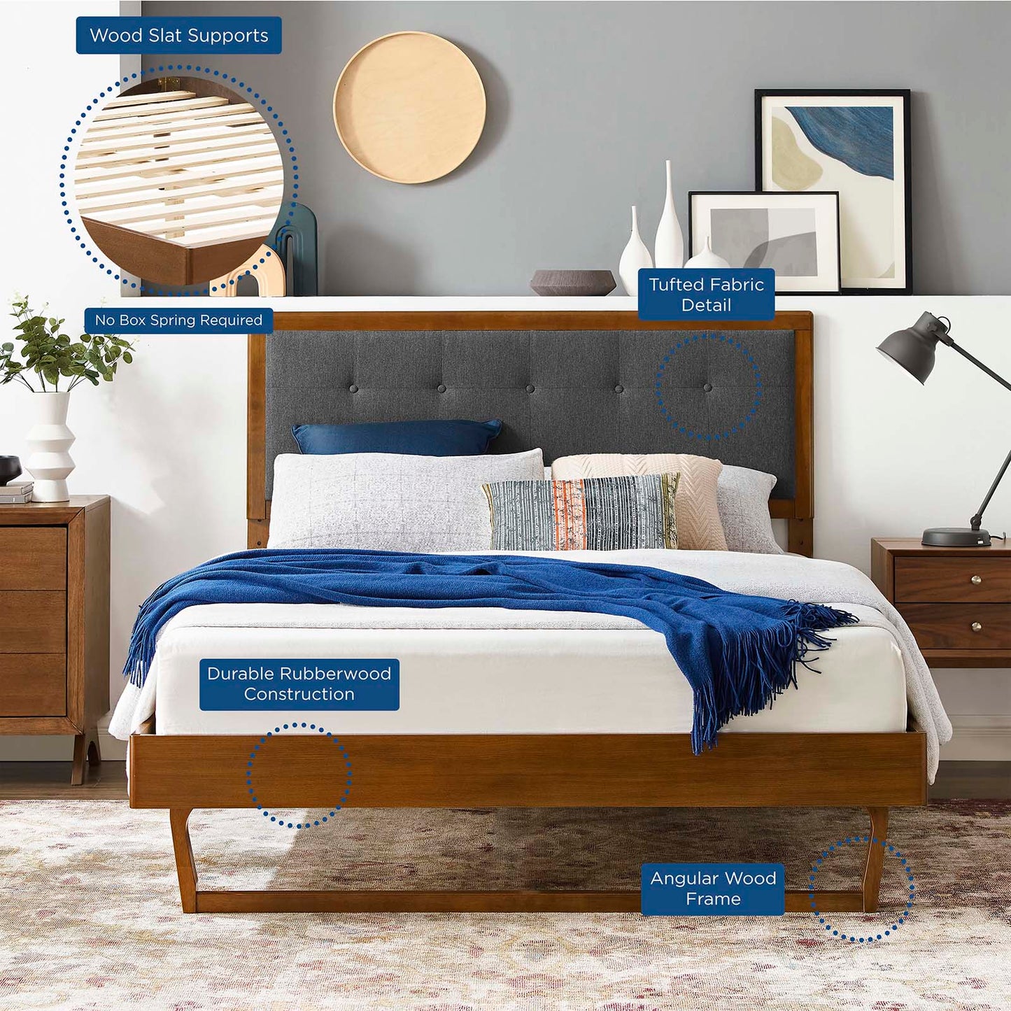 Willow Full Wood Platform Bed With Angular Frame, Wood, Brown Walnut Grey Gray, 22436