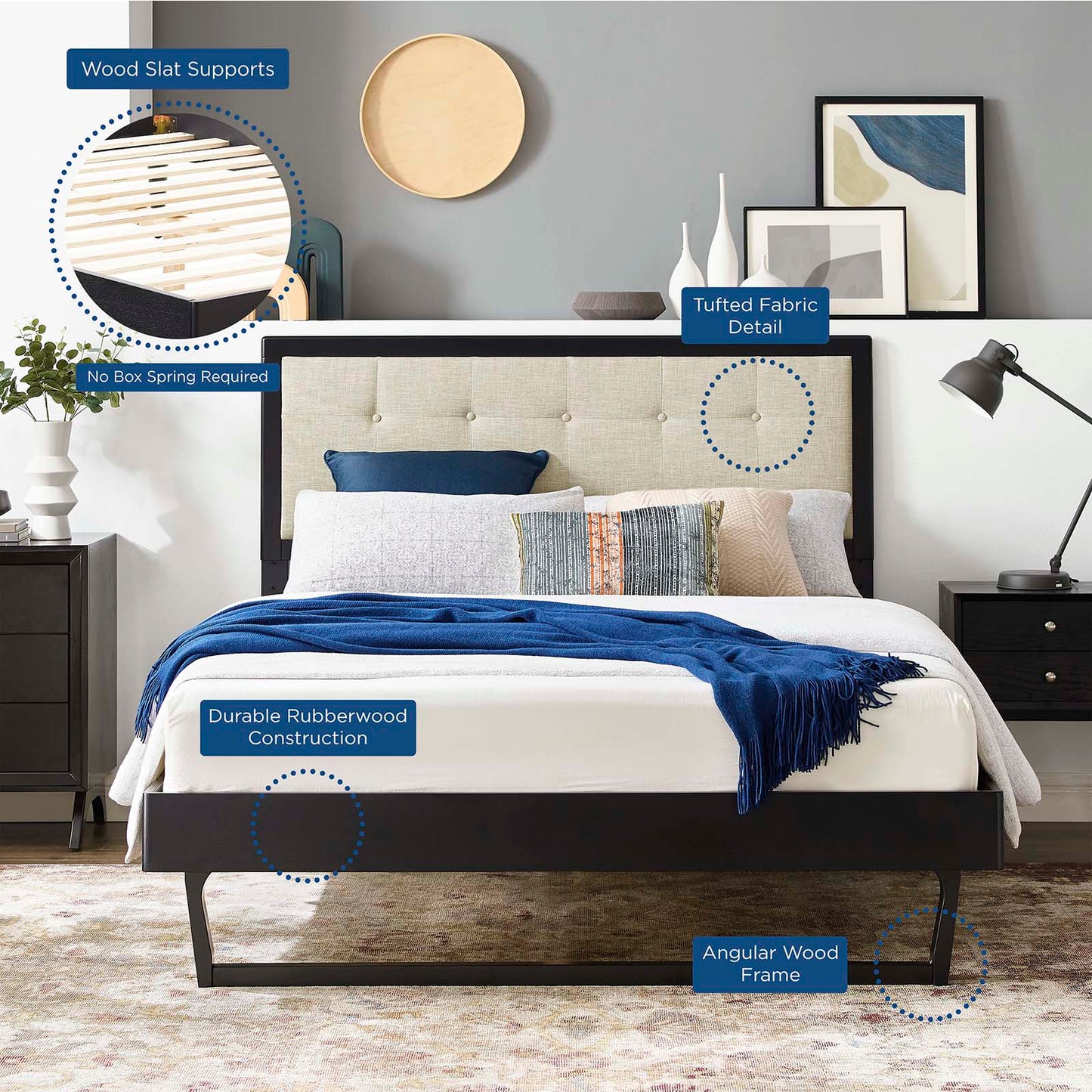 Willow Twin Wood Platform Bed With Angular Frame, Wood, Black Beige, 22443