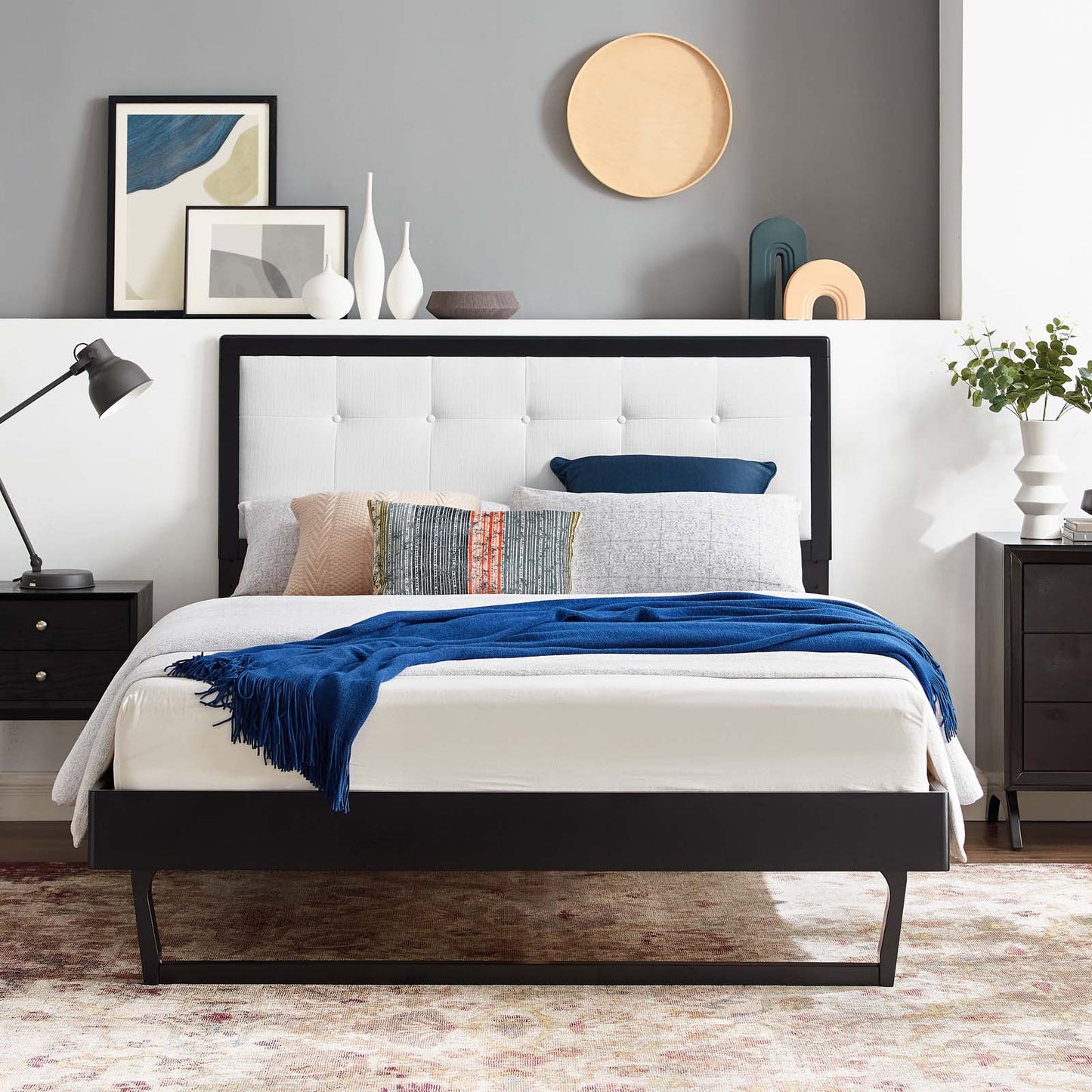 Willow Twin Wood Platform Bed With Angular Frame, Wood, Black White, 22444