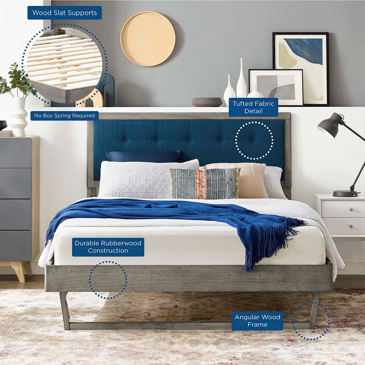 Willow Twin Wood Platform Bed With Angular Frame, Wood, Grey Gray Navy Blue, 22445