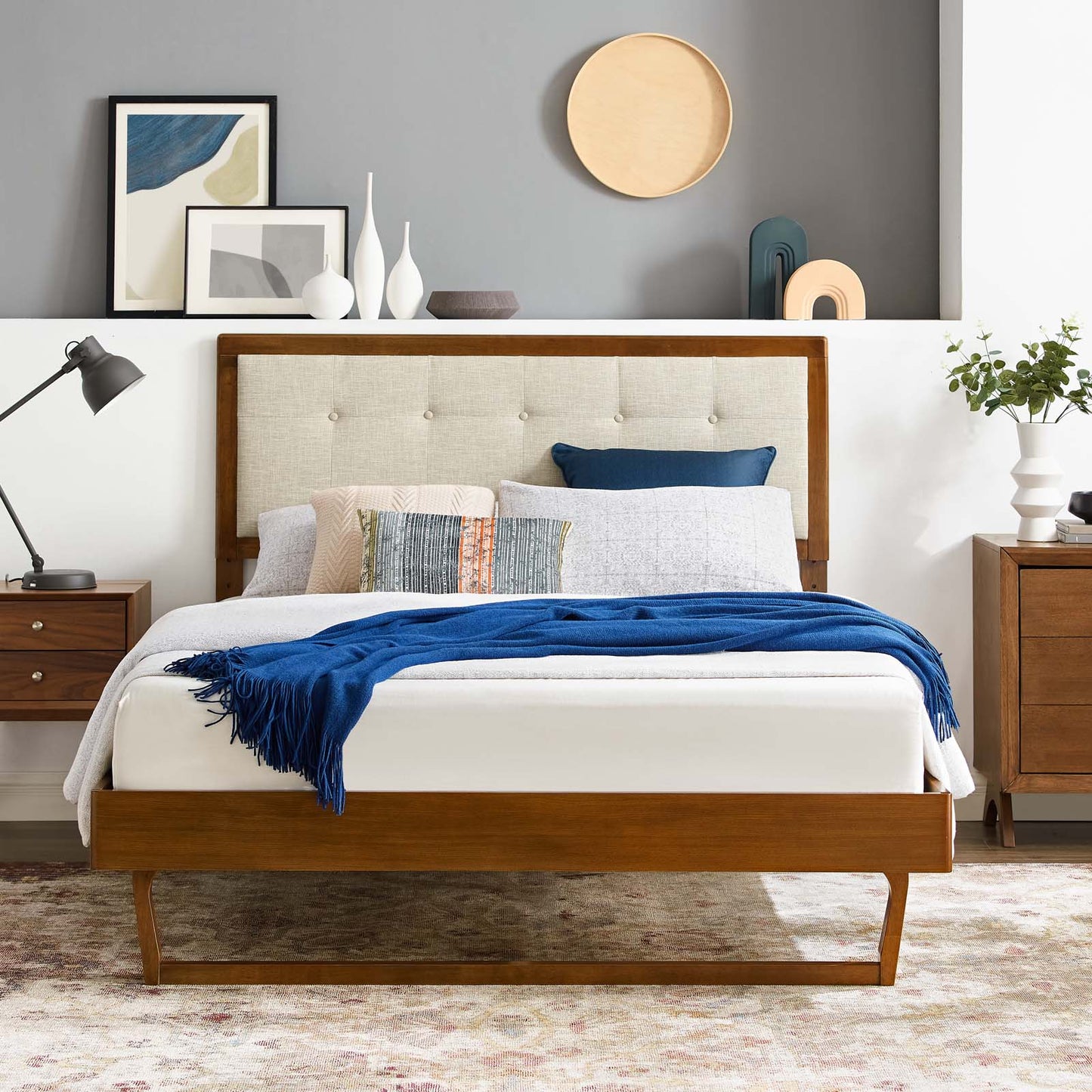 Willow Twin Wood Platform Bed With Angular Frame, Wood, Brown Walnut Beige, 22447