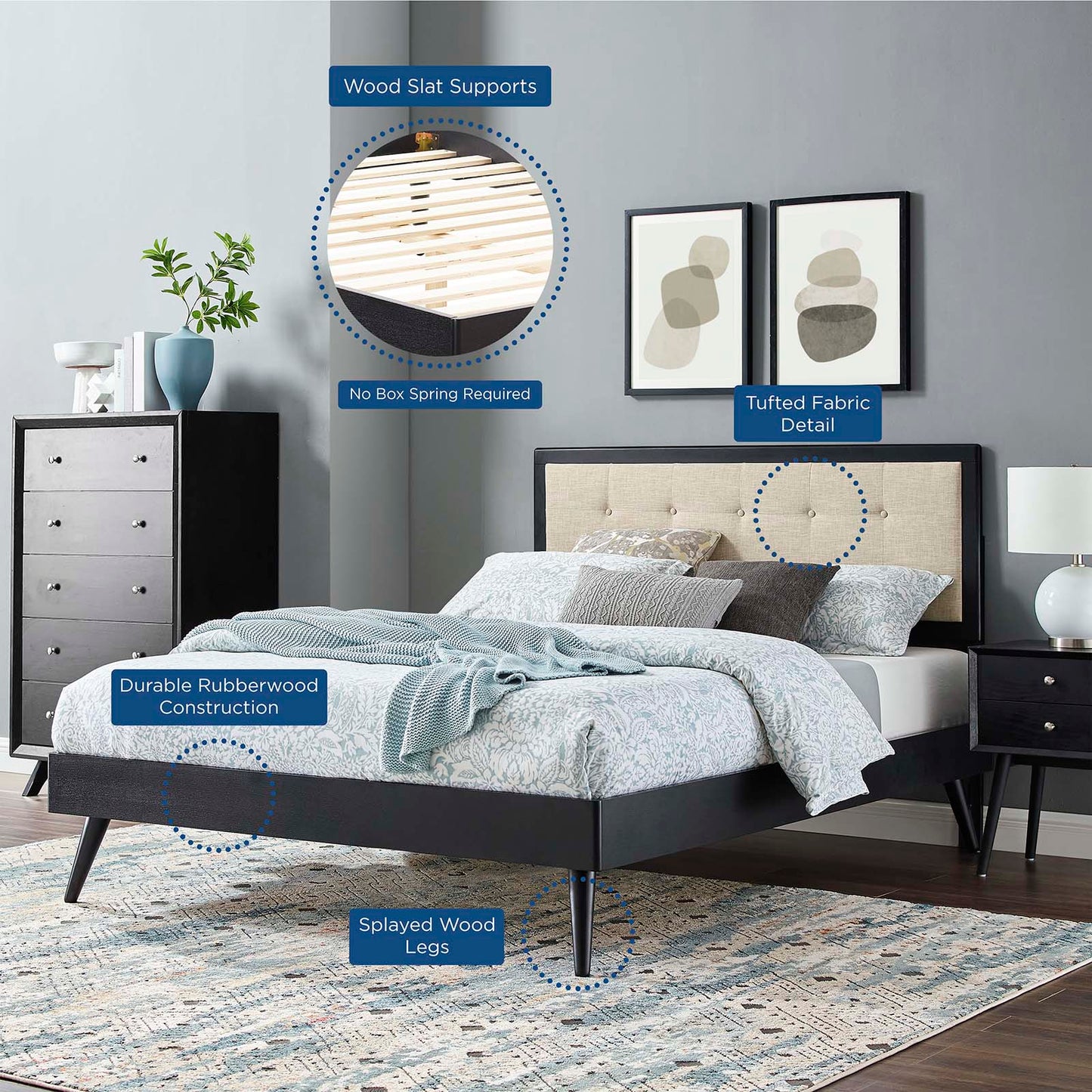 Willow Full Wood Platform Bed With Splayed Legs, Wood, Black Beige, 22449