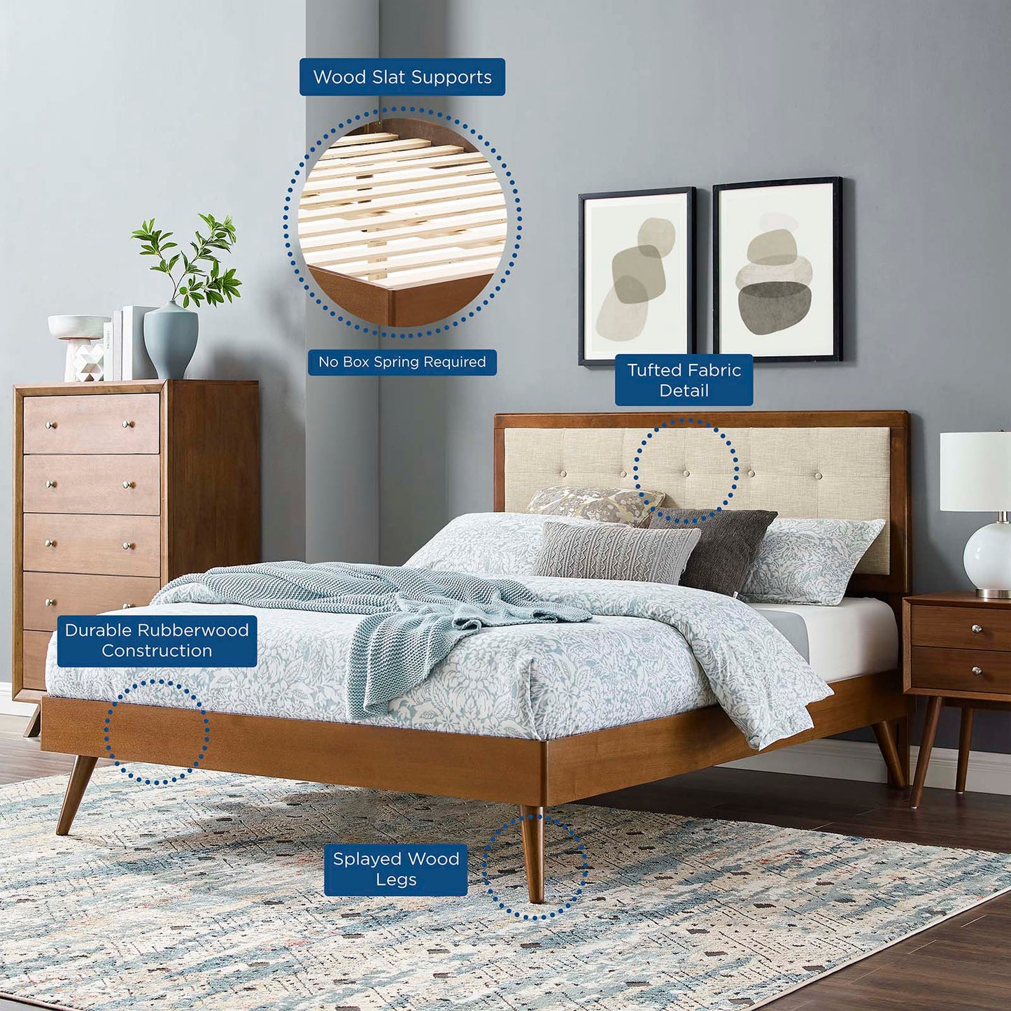 Willow Full Wood Platform Bed With Splayed Legs, Wood, Brown Walnut Beige, 22453