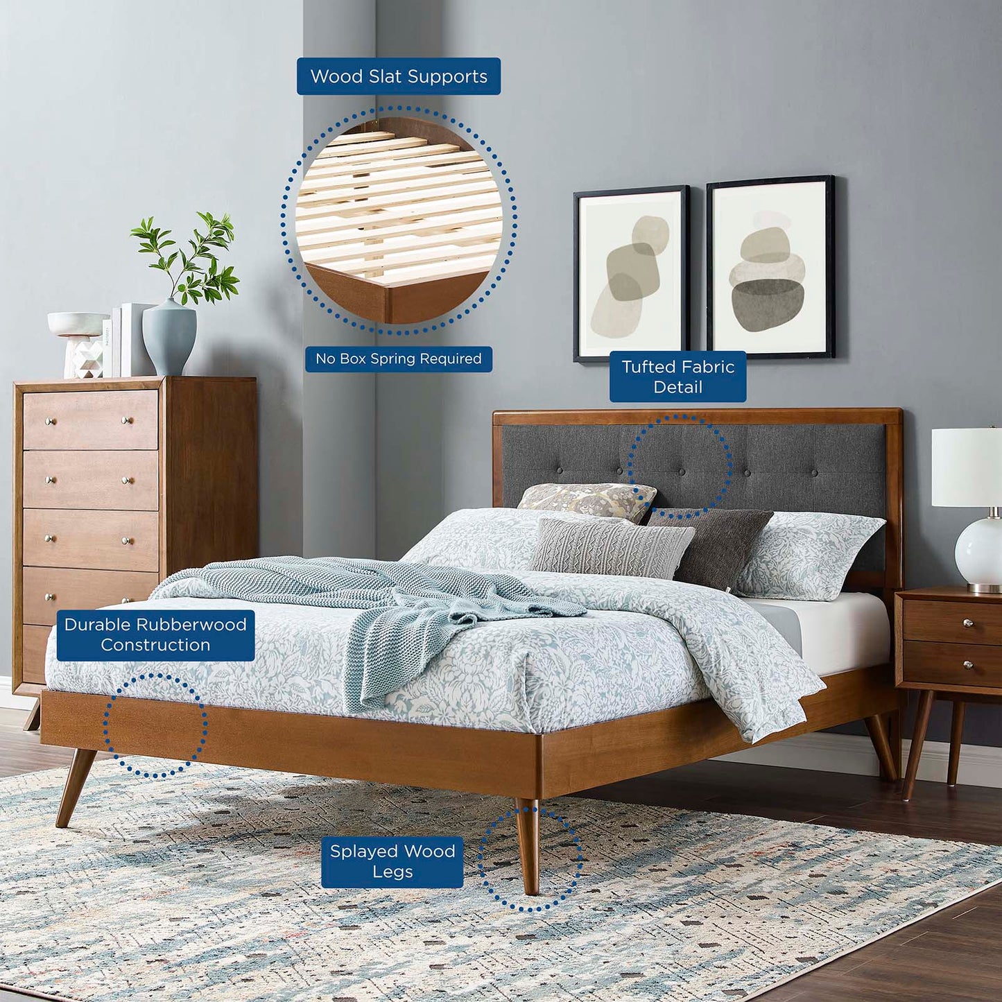 Willow Full Wood Platform Bed With Splayed Legs, Wood, Brown Walnut Grey Gray, 22454