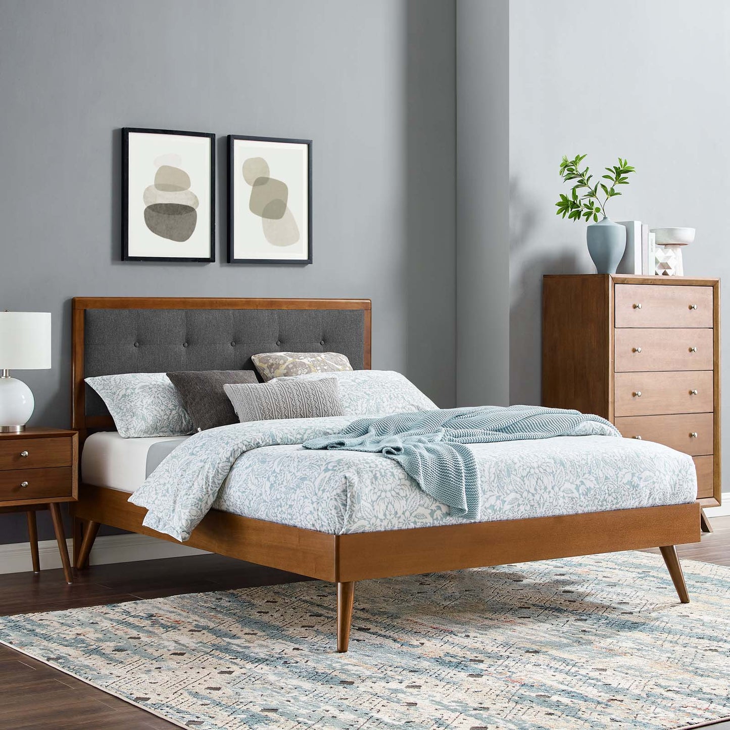 Willow Full Wood Platform Bed With Splayed Legs, Wood, Brown Walnut Grey Gray, 22454