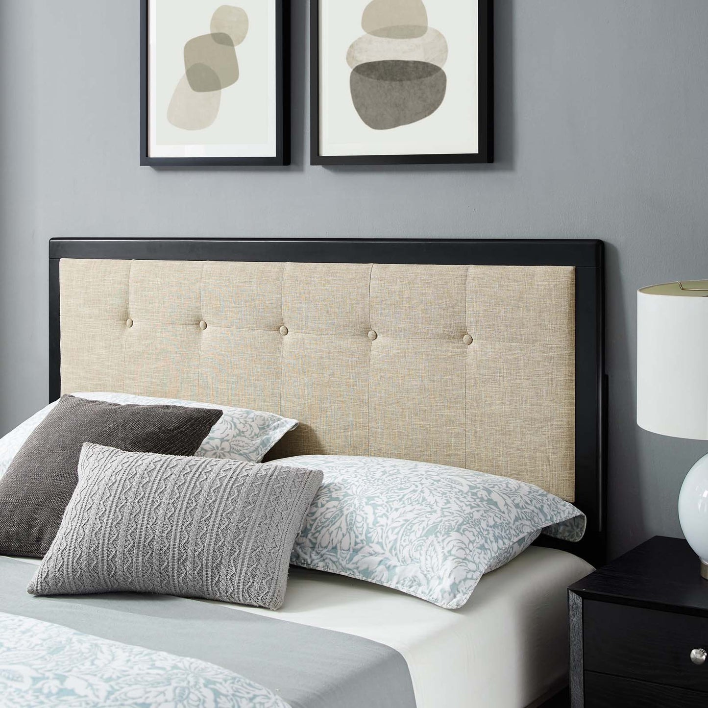 Willow King Wood Platform Bed With Splayed Legs, Wood, Black Beige, 22455