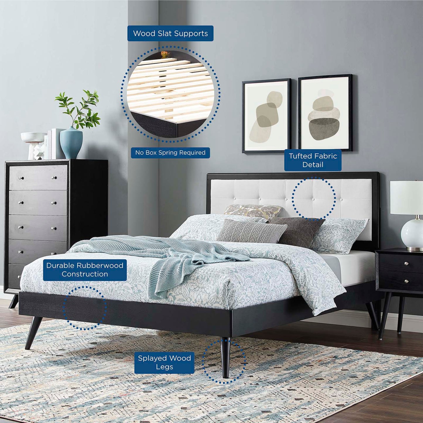Willow Twin Wood Platform Bed With Splayed Legs, Wood, Black White, 22462