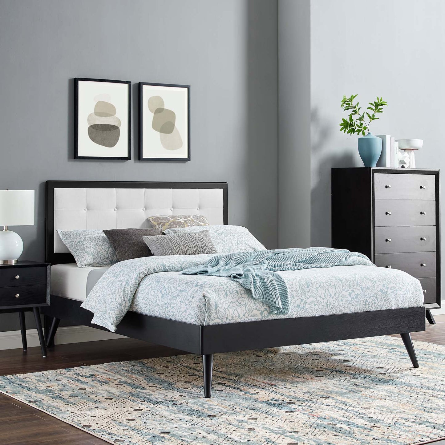 Willow Twin Wood Platform Bed With Splayed Legs, Wood, Black White, 22462