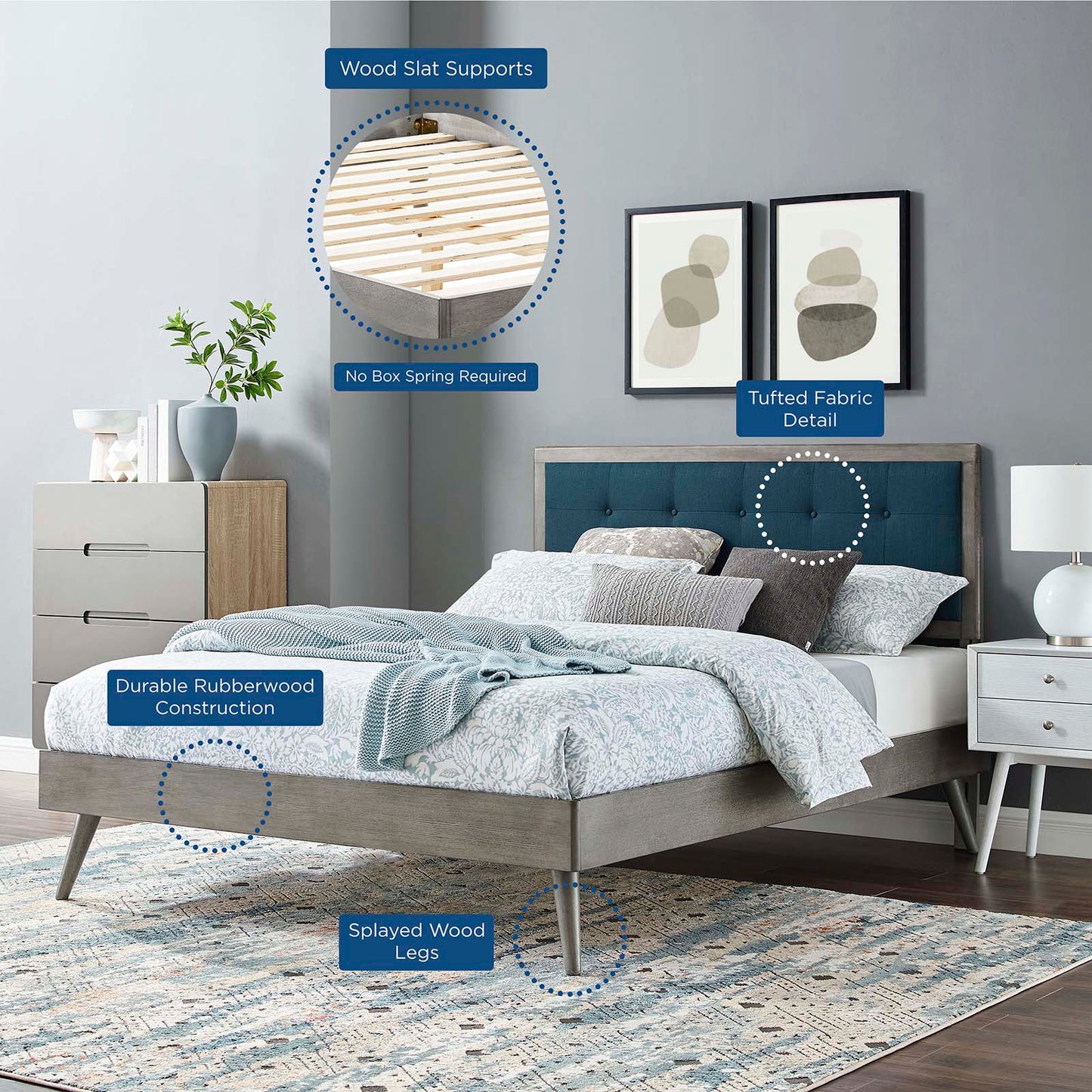 Willow Twin Wood Platform Bed With Splayed Legs, Wood, Grey Gray Navy Blue, 22463